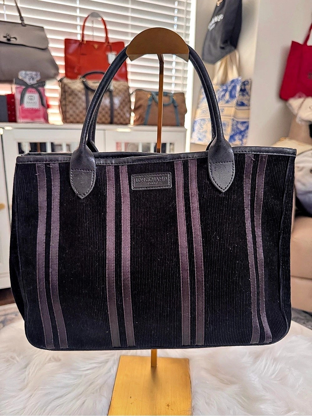 Long champ Black Velvet/Corduroy Striped Tote/Handbag - Picture 2 of 10